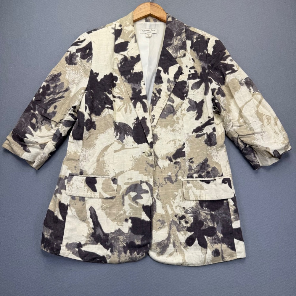 Coldwater Creek Linen Blend‎ Floral Blazer Jacket Neutral 3/4 Ruched Sleeve 12